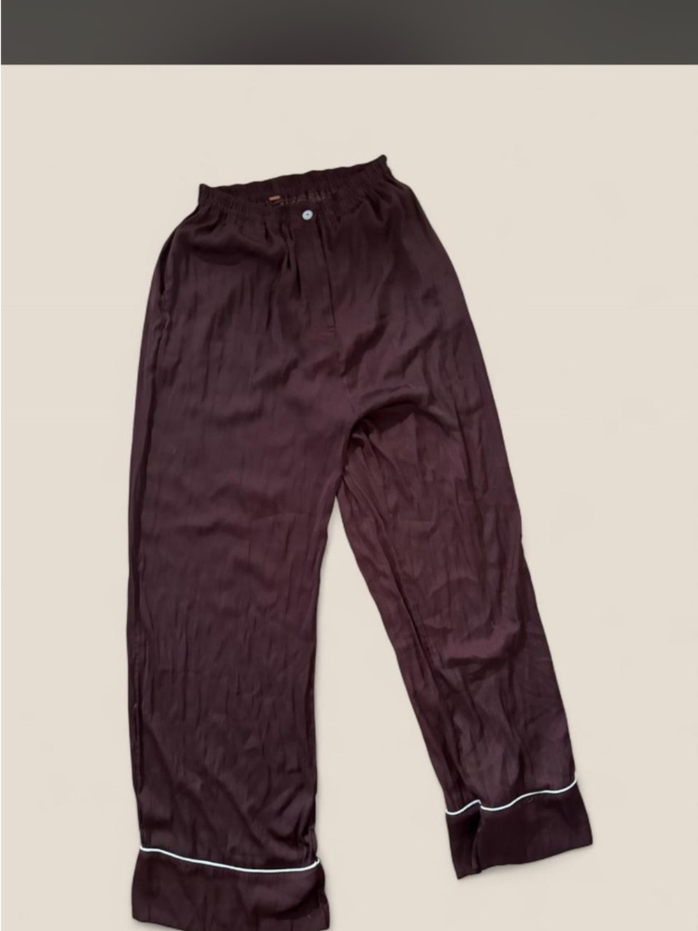 Free People Women's Chocolate Brown Satin Pajama Pants with White Piping